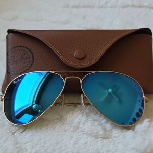 Ray-Ban Gold Aviator Sunglasses with Blue Lenses